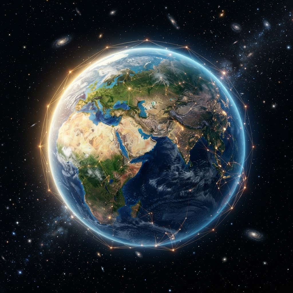 Planet Earth, abundant and alive, wrapped in a luminous neural network of connecting lines
